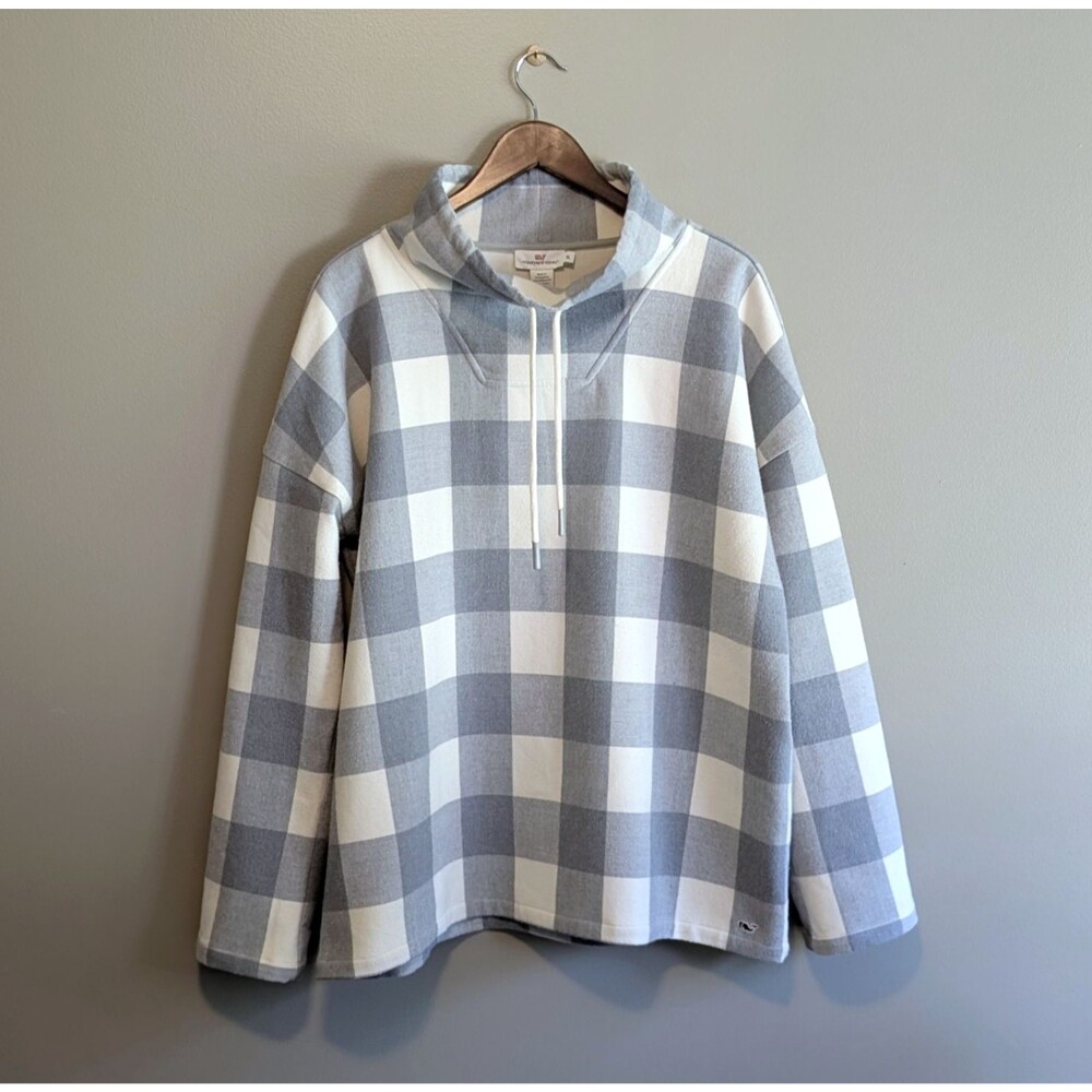Vineyard Vines Womens XL Blue Buffalo Check Plaid Fleece Funnel Neck Sweatshirt